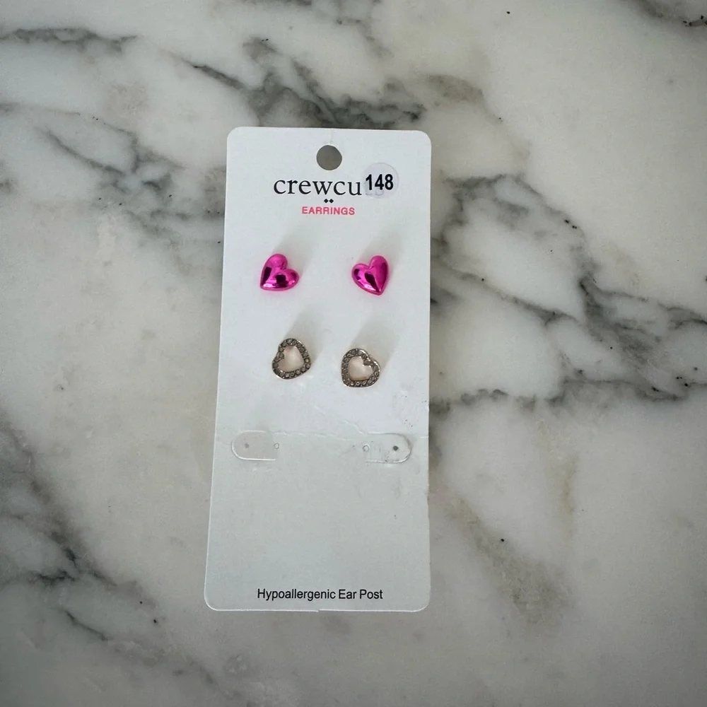 NWT Crewcuts Girls’ Heart Earrings Set of 2 – Pink & Crystal – One Pair Missing